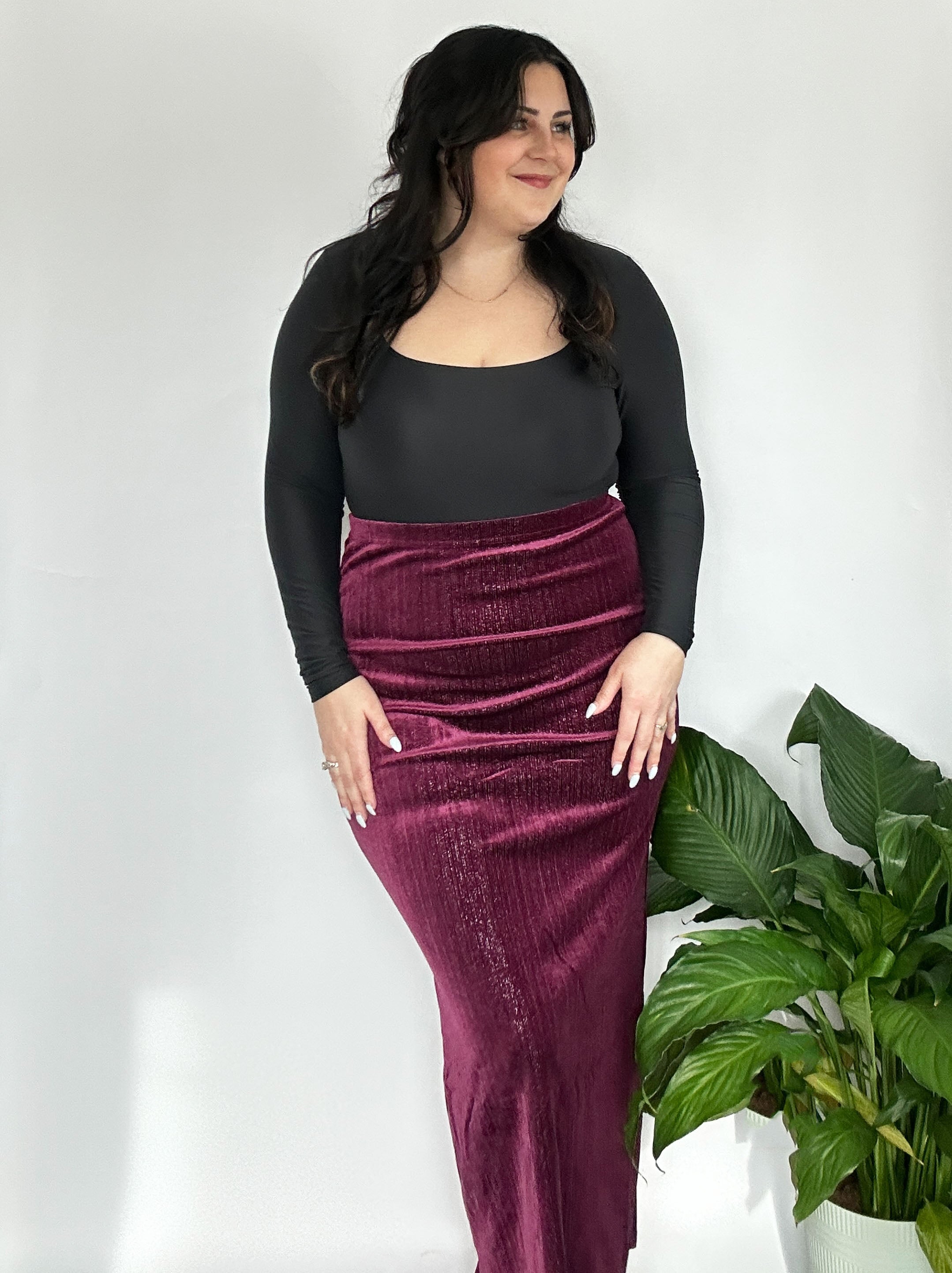 Plum Velour Midi Skirt | Ivy&Grove