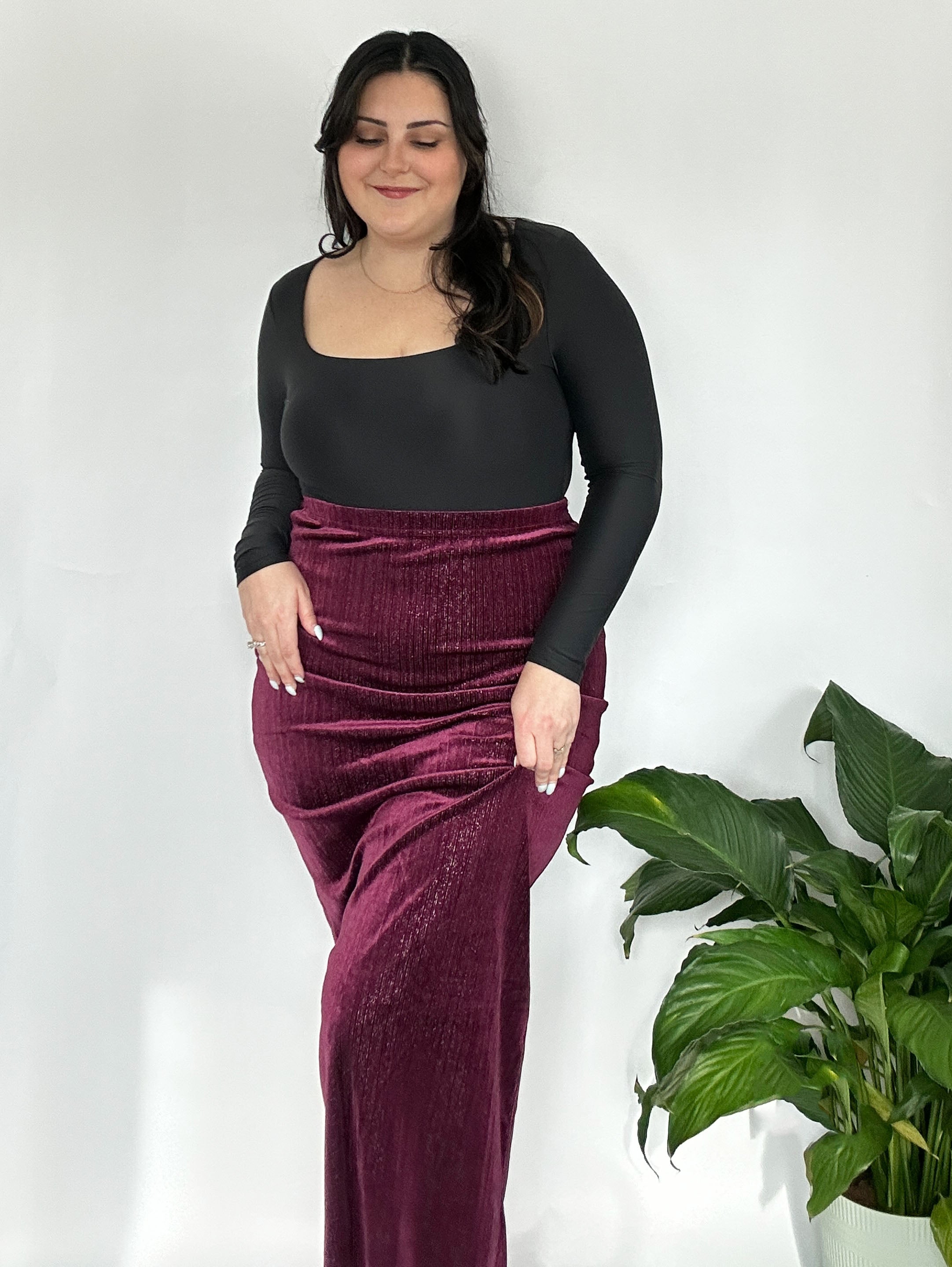 Plum Velour Midi Skirt | Ivy&Grove