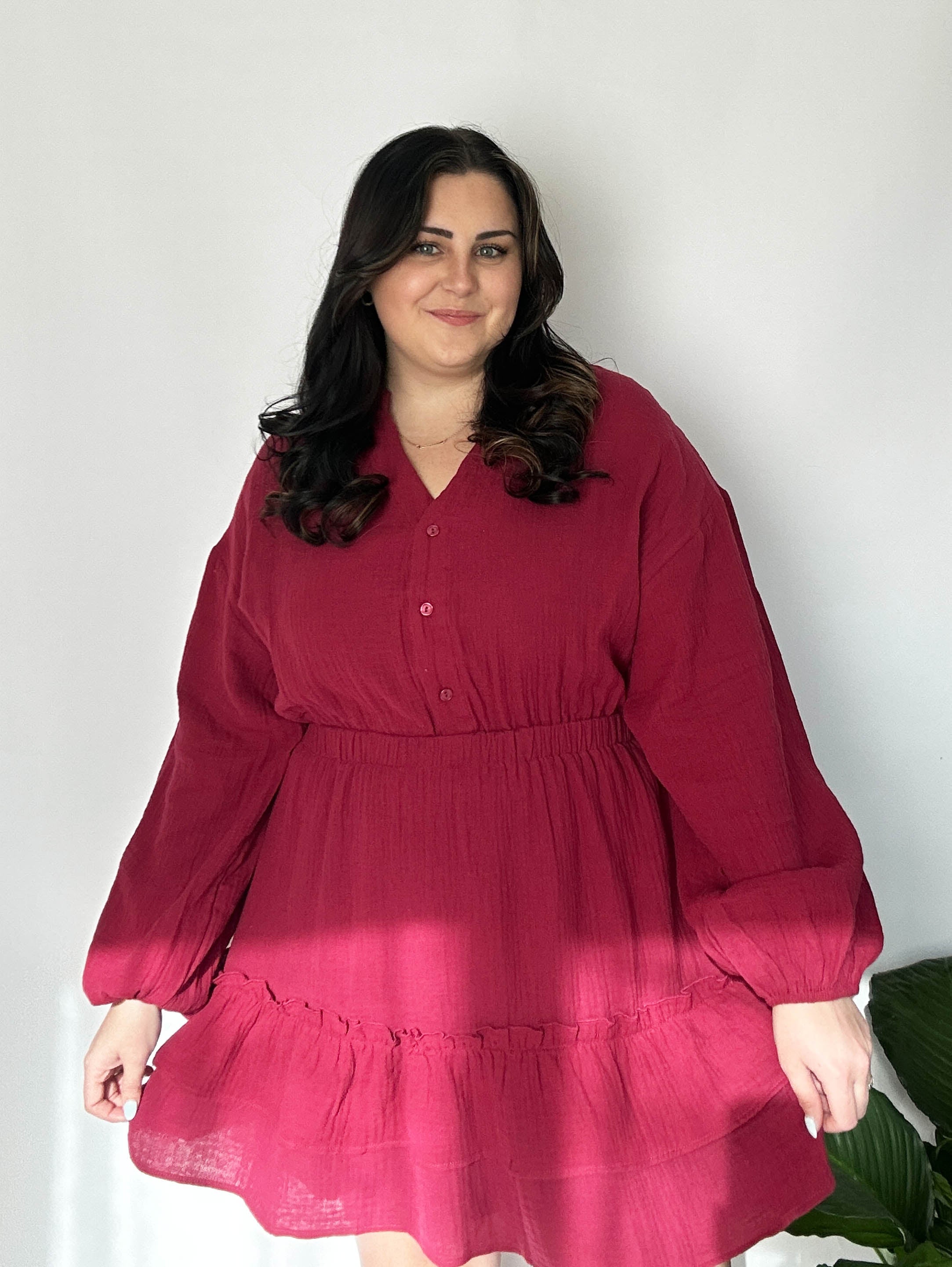 plus size red velvet dress Final Sale Plus Size V-Neck Gown with Puffed Sleeves in Red Velvet